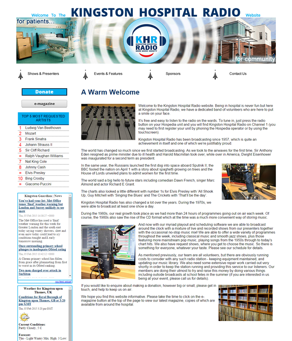 screenshot of Kingston Hospital Radio homepage